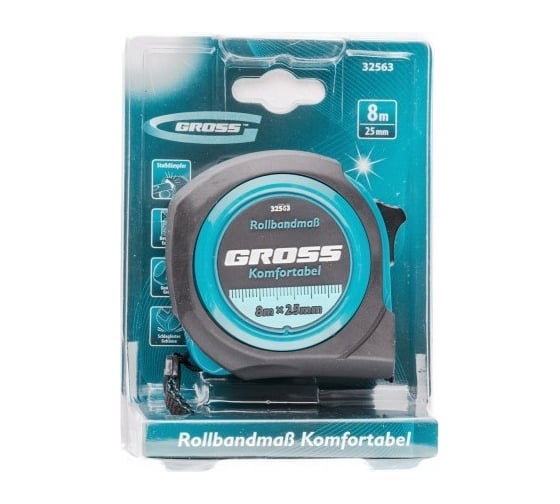 Рулетка Komfortabel, 8 м х 25 мм обрезиненный корпус GROSS 32563