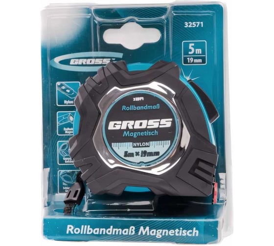 Рулетка Magnetisch, 5 м х 19 мм обрезиненный корпус GROSS 32571