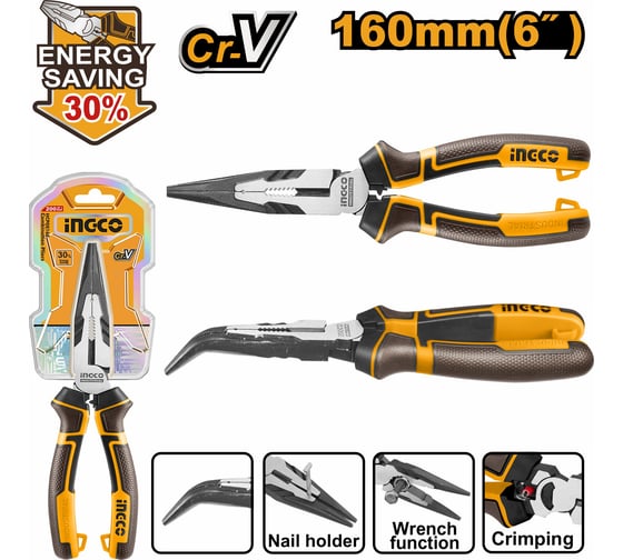Тонкогубцы INGCO изогнутые 160мм SUPER INDUSTRIAL HHBNP28160