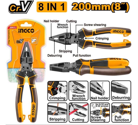 Плоскогубцы многофункциональные усиленные INGCO 8в1 HMFCP28200