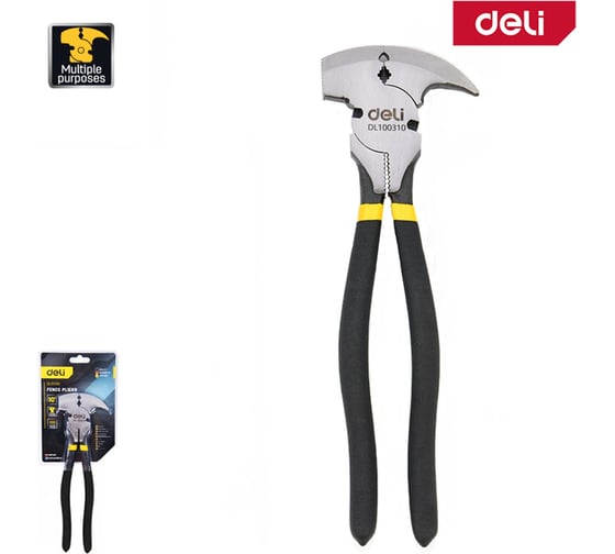 Плоскогубцы для проволочных заграждений Deli 5-в-1 DL100310 250мм (молоток, кусачки, гвоздодер, зажим, обжим) обливная рукоять 179572