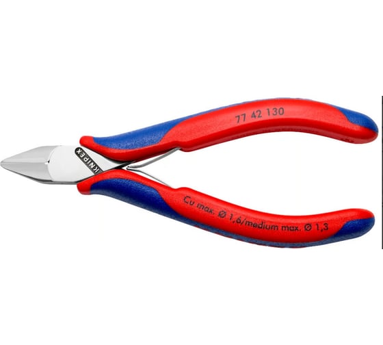 Бокорезы для электроники KNIPEX  острая головка, без фаски, 130 мм, 2-комп ручки KN-7742130 Бокорезы для электроники, острая головка, без фаски, 130 мм, 2-комп ручки