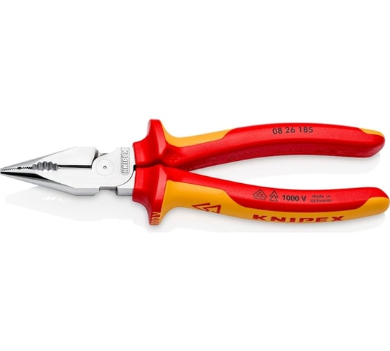 Комбинированные остроконечные плоскогубцы KNIPEX с удлинёнными губками, длина 185 мм, хром, 2-комп диэлектрические ручки KN-0826185