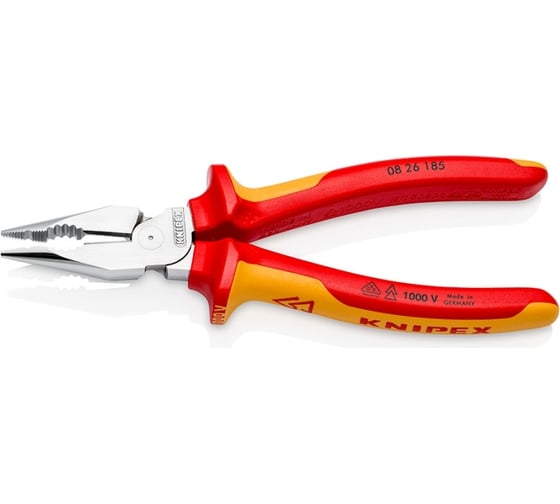 Комбинированные остроконечные плоскогубцы KNIPEX с удлинёнными губками, длина 185 мм, хром, 2-комп диэлектрические ручки KN-0826185
