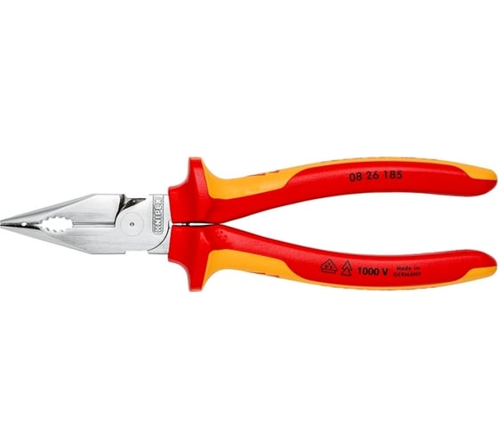 Комбинированные остроконечные плоскогубцы KNIPEX с удлинёнными губками, длина 185 мм, хром, 2-комп диэлектрические ручки KN-0826185