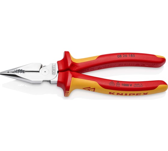 Комбинированные остроконечные плоскогубцы KNIPEX с удлинёнными губками, длина 185 мм, хром, двухкомпонентные диэлектрические ручки SB KN-0826185SB