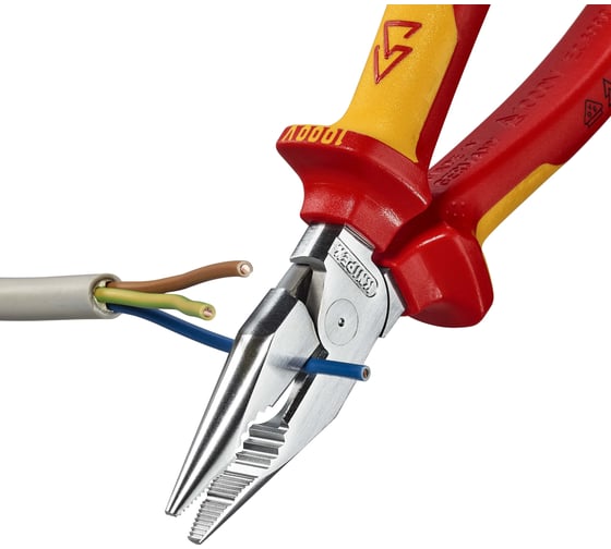 Комбинированные остроконечные плоскогубцы KNIPEX с удлинёнными губками, длина 185 мм, хром, двухкомпонентные диэлектрические ручки SB KN-0826185SB