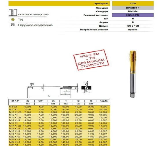 Метчик Guhring M20x1.5, HSS-E-PM, тип N, TiN, скв. отв., Powertap 5739 20,007