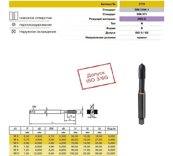Метчик Guhring М3х0.5, HSS-E, тип N, парооксид., скв. отв., Powertap 5719 3,000
