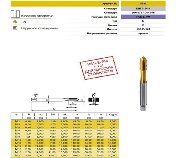 Метчик Guhring M16x2, HSS-E-PM, тип N, TiN, скв. отв., Powertap 5736 16,000