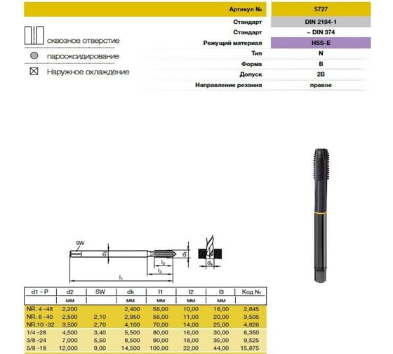 Метчик Guhring UNF 5/8-18, HSS-E, тип N, парооксид., скв. отв., Powertap 5727 15,875