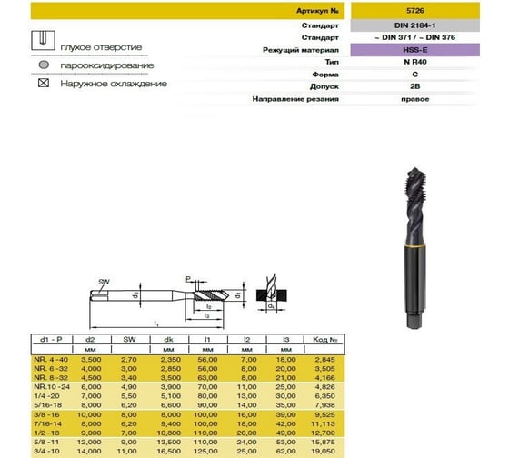 Метчик Guhring UNC 3/4-10, HSS-E, тип N R40, парооксид., глух. отв., Powertap 5726 19,050