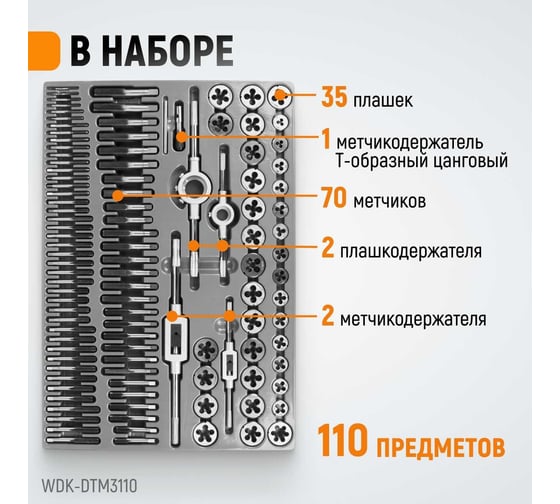 Набор метчиков и плашек М2-М18 WIEDERKRAFT 110 предметов, метрическая резьба WDK-DTM3110