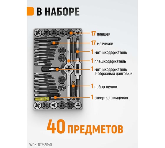 Набор метчиков и плашек М3-12 WIEDERKRAFT 40 предметов, метрическая резьба WDK-DTM3040
