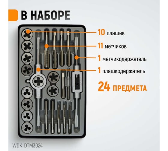Набор метчиков и плашек М5-М12 WIEDERKRAFT 24 предмета, метрическая резьба WDK-DTM3024