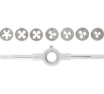 Метрические плашки FIT Профи легированная сталь, 8 шт. М3-М12, плашкодержатель, блистер 70803