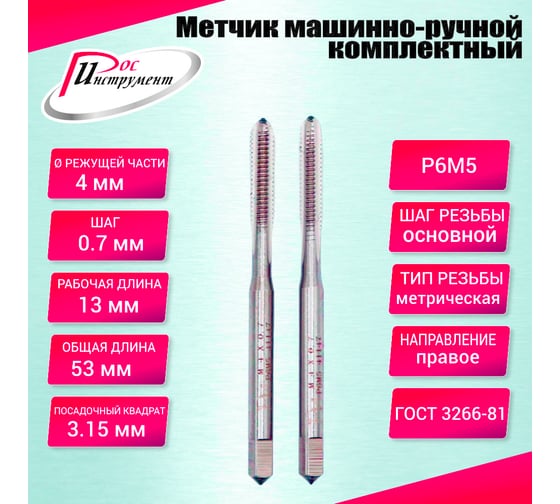 Метчик машинно-ручной РОСИНСТРУМЕНТ М4.0x0.7 ГОСТ 3266-81 Р6М5 комплектный 2 шт. 41147