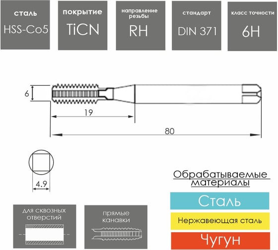 Метчик с прямой канавкой, сквозной РОСИНСТРУМЕНТ М6x1,0 HSS-Co5 TiCN DIN371 76961