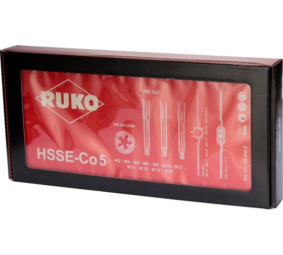 Набор метчиков и плашек Ruko M3-M20 мм HSSE-Co5 54пр 245040E