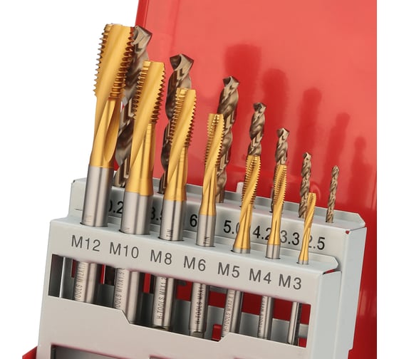 Набор спиральных машинных метчиков H-Tools M3-M12 HSSE-TiN DIN371/376 + сверла 14пр 245053THT
