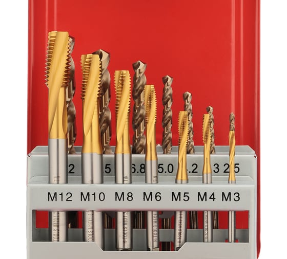 Набор спиральных машинных метчиков H-Tools M3-M12 HSSE-TiN DIN371/376 + сверла 14пр 245053THT