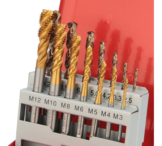 Набор спиральных машинных метчиков H-Tools M3-M12 HSSE-TiN DIN371/376 + сверла 14пр 245052THT