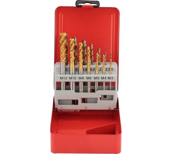 Набор спиральных машинных метчиков H-Tools M3-M12 HSSE-TiN DIN371/376 + сверла 14пр 245052THT