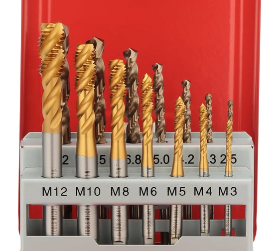 Набор спиральных машинных метчиков H-Tools M3-M12 HSSE-TiN DIN371/376 + сверла 14пр 245052THT