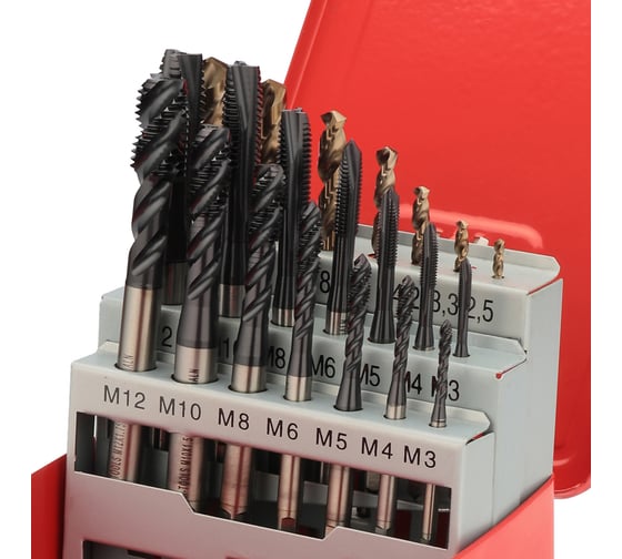 Набор машинных метчиков H-Tools M3-M12 HSSE-TiALN DIN371/376 + сверла 21пр 245054FHT