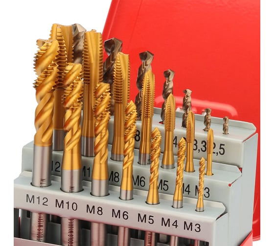 Набор машинных метчиков H-Tools M3-M12 HSSE-TiN DIN371/376 + сверла 21пр 245054THT