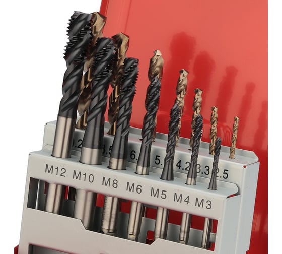 Набор спиральных машинных метчиков H-Tools M3-M12 HSSE-TiALN DIN371/376 + сверла 14пр 245052FHT