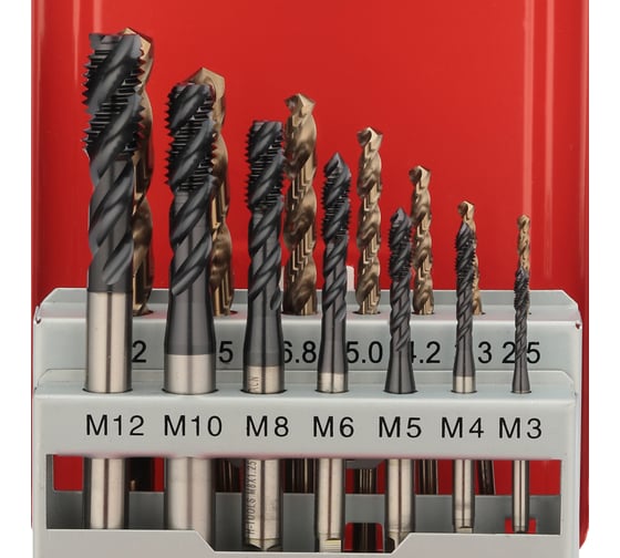 Набор спиральных машинных метчиков H-Tools M3-M12 HSSE-TiALN DIN371/376 + сверла 14пр 245052FHT