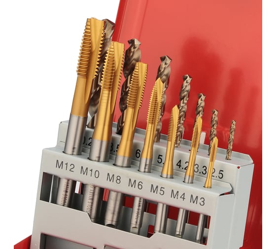 Набор машинных метчиков H-Tools M3-M12 HSSE-TiN DIN371/376 + сверла 14пр 245051THT