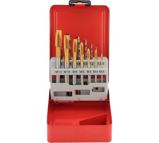 Набор машинных метчиков H-Tools M3-M12 HSSE-TiN DIN371/376 + сверла 14пр 245051THT