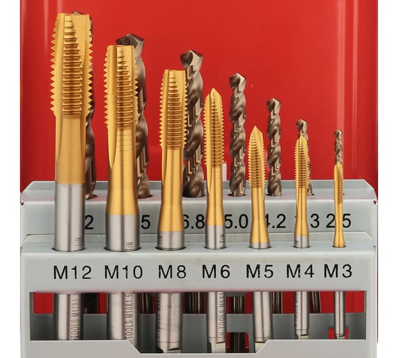 Набор машинных метчиков H-Tools M3-M12 HSSE-TiN DIN371/376 + сверла 14пр 245051THT