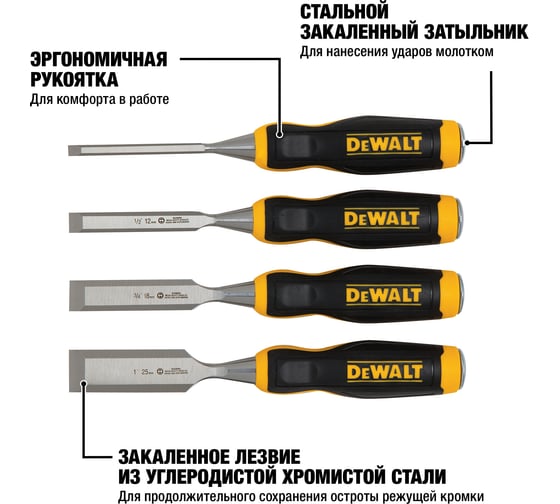 Набор стамесок DEWALT 4 шт, 6, 12, 18, 25 мм DWHT0-16063