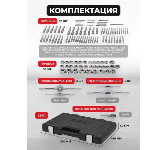 Набор метчиков и плашек метрический 110 предметов Forcekraft FK-B110-1(60358)