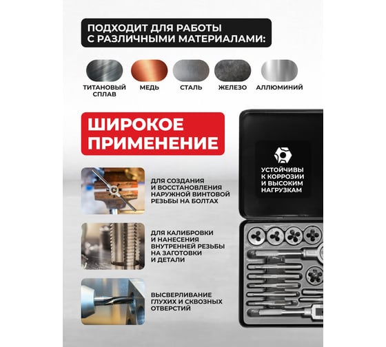 Набор метчиков и плашек дюймовый Rockforce 24 предмета (1/4", 5/16", 3/8", 7/16", 1/2"), в металлическом кейсе RF-M024-2(10458)