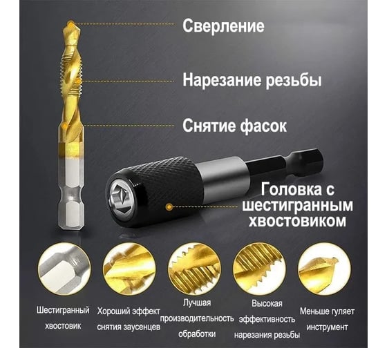 Набор из 13 комбинированных сверл и метчиков Vitatools из быстрорежущей стали 1/4 дюйма с быстросменным адаптером nabor-13-kombinirovannyh-sverl