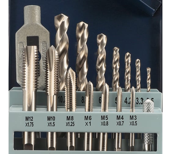 Набор метчиков однопроходных H-Tools M3-M12 HSS-G DIN352 (+ вороток, сверла) 15пр 245004HT