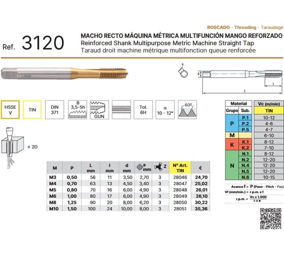 Метчик машинный IZAR М10x1,5 6H DIN-371-B тип 3120 HSSE TiN по стали и нерж. стали /28051/ 25382
