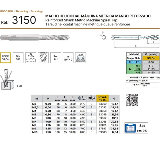 Метчик машинный IZAR М6x1,0 HSSE 6H R40 DIN 371-C тип 3150 с винтовой канавкой /63062/ 25384