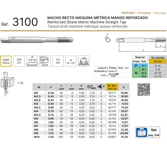 Метчик машинный IZAR М2,5x0,45 HSSE 6H DIN 371-B тип 3100 /76724/ 25379