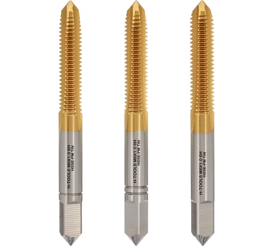 Метчик H-Tools М6, шаг 1.0 мм, DIN352, комплект из 3-х шт, HSSEPM-TiN 6HX 230060PMHT