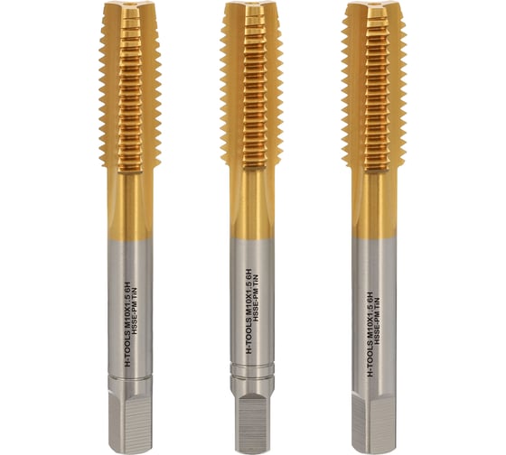 Метчик H-Tools М10, шаг 1.5 мм, DIN352, комплект из 3-х шт, HSSEPM-TiN 6HX 230100PMHT