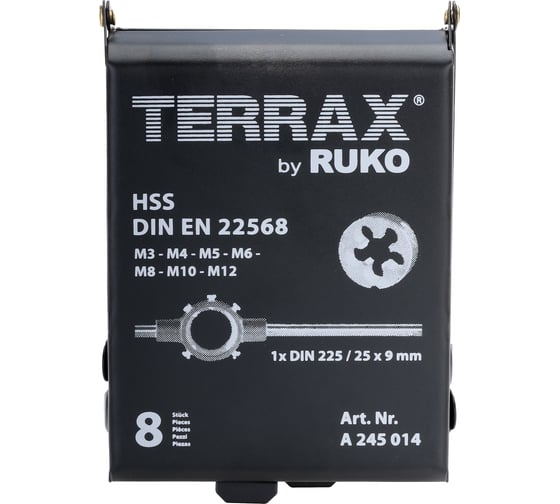 Набор плашек Terrax by RUKO 8шт M3-M12 HSS, A245014