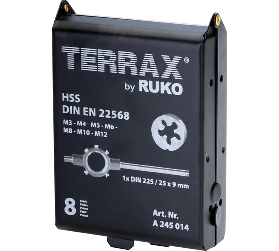 Набор плашек Terrax by RUKO 8шт M3-M12 HSS, A245014