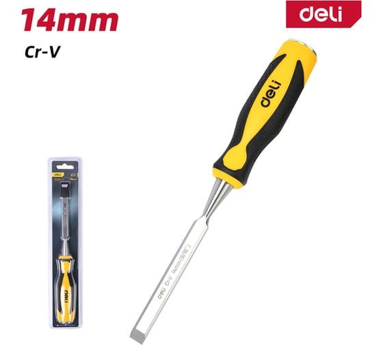 Плоская стамеска DELI 14мм DL6214-E1 Стамеска плоская 14мм DL6214-E1 (CrV сталь, рабочая длина 140мм, угол заточки 25 град, прорезиненная рукоять) 179418