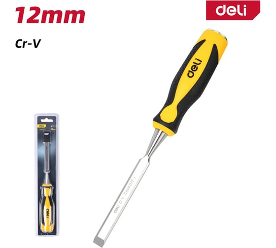 Плоская стамеска DELI 12мм DL6212-E1 (CrV сталь, рабочая длина 140мм, угол заточки 25 град, прорезиненная рукоять) 179417