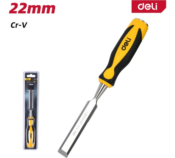 Плоская стамеска DELI 22мм DL6222-E1 (CrV сталь, рабочая длина 140мм, угол заточки 25 град, прорезиненная рукоять) 179421